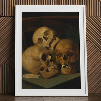 Still Life of Three Skulls - Jan August Hendrik Leys Art Print, 24x32’’ / 61x81cm / White Frame / 2’’ Matboard, Framed Life Painting Three