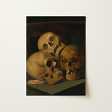 Still Life of Three Skulls - Jan August Hendrik Leys Art Print / Canvas Classical Oil Painting Three Human Skulls Warm Earthy Threeskulls,