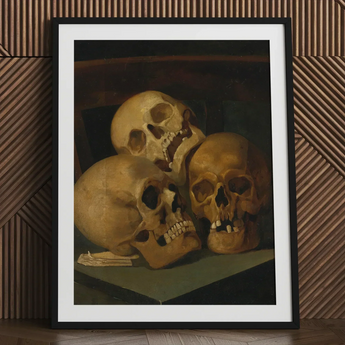 Still Life of Three Skulls - Jan August Hendrik Leys Art Print / Canvas Three Human Skulls Arranged Life Painting Threeskulls,
