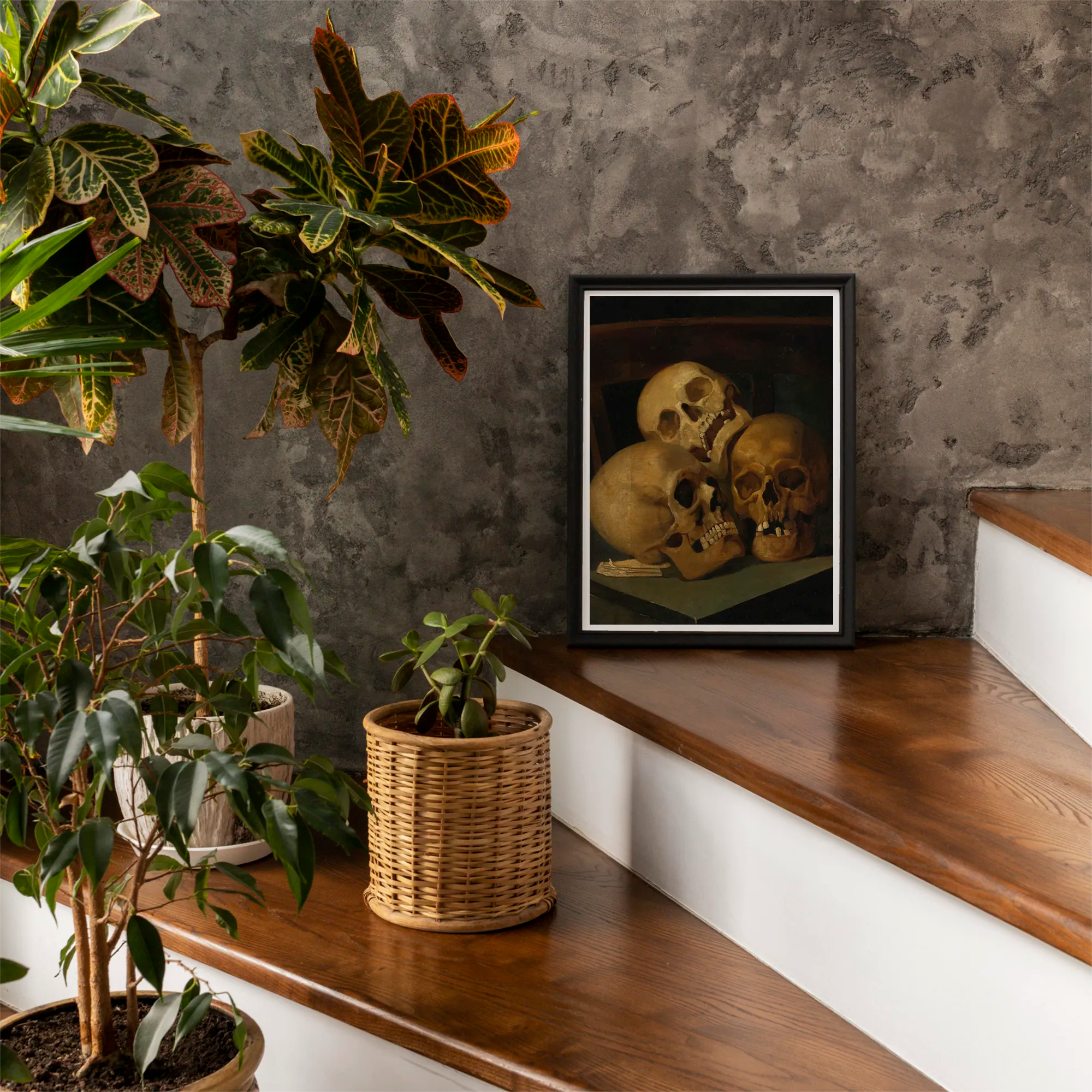 Still Life of Three Skulls - Jan August Hendrik Leys Art Print, Framed Artwork Life Three Human Skulls