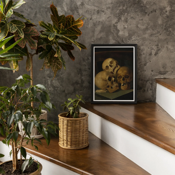 Still Life of Three Skulls - Jan August Hendrik Leys Art Print, Framed Artwork Life Three Human Skulls