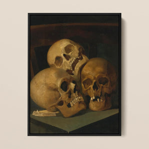 Still Life of Three Skulls - Jan August Hendrik Leys Framed Canvas, 12x16’’ / 31x41cm / Black Floating Frame, Painting Three Human Skulls