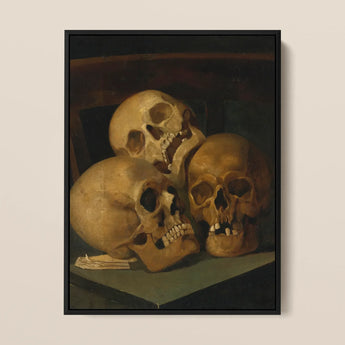 Still Life of Three Skulls - Jan August Hendrik Leys Framed Canvas, 12x16’’ / 31x41cm / Black Floating Frame, Painting Three Human Skulls