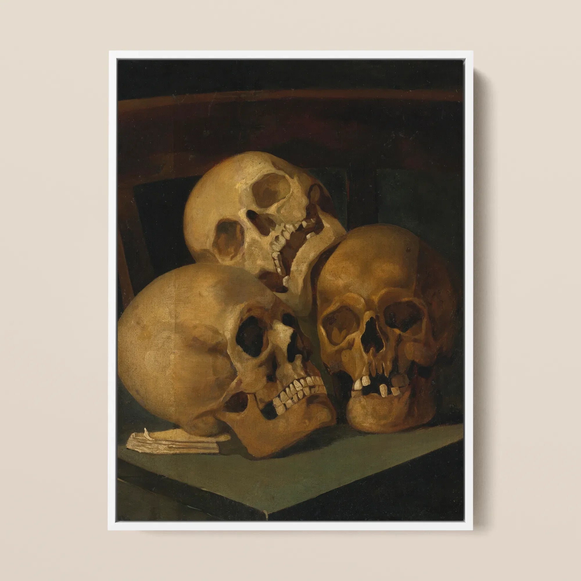 Still Life of Three Skulls - Jan August Hendrik Leys Framed Canvas, 12x16’’ / 31x41cm / White Floating Frame, Three Light Brown Human