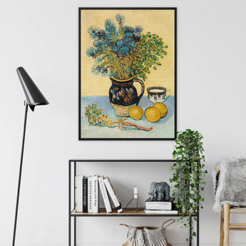 Still Life - Vincent Van Gogh Floral Art Framed Canvas, Framed Life Painting Blue Flowers Decorative Pitcher Alongside