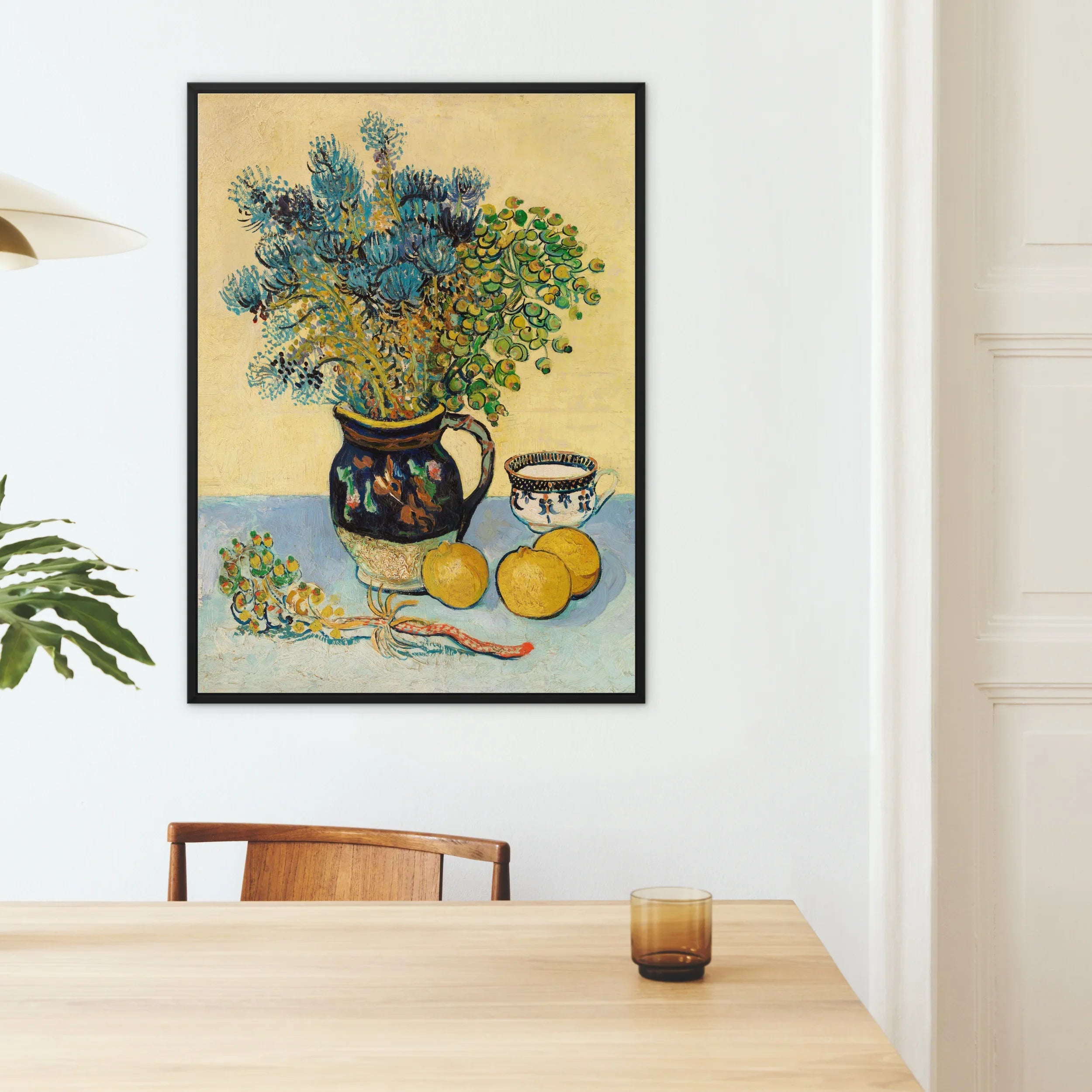Still Life - Vincent Van Gogh Floral Art Framed Canvas, Framed Life Painting Blue Flowers Decorative Pitcher Alongside