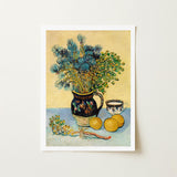 Still Life - Vincent Van Gogh Post-impressionism Art Print / Canvas Dark Blue Ceramic Pitcher Gold Rim Floral Patterns, Gogh’s Masterful,