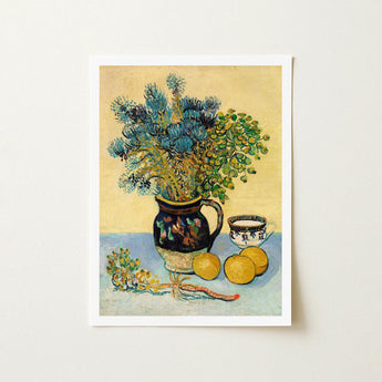 Still Life - Vincent Van Gogh Post-impressionism Art Print / Canvas Dark Blue Ceramic Pitcher Gold Rim Floral Patterns, Gogh’s Masterful,