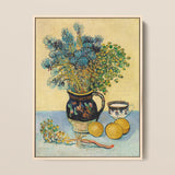 Still Life - Vincent Van Gogh Post-impressionism Art Print / Canvas Dark Blue Ceramic Pitcher Floral Patterns Gold Rim Vincent Gogh, Gogh’s