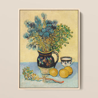 Still Life - Vincent Van Gogh Post-impressionism Art Print / Canvas Dark Blue Ceramic Pitcher Floral Patterns Gold Rim Vincent Gogh, Gogh’s