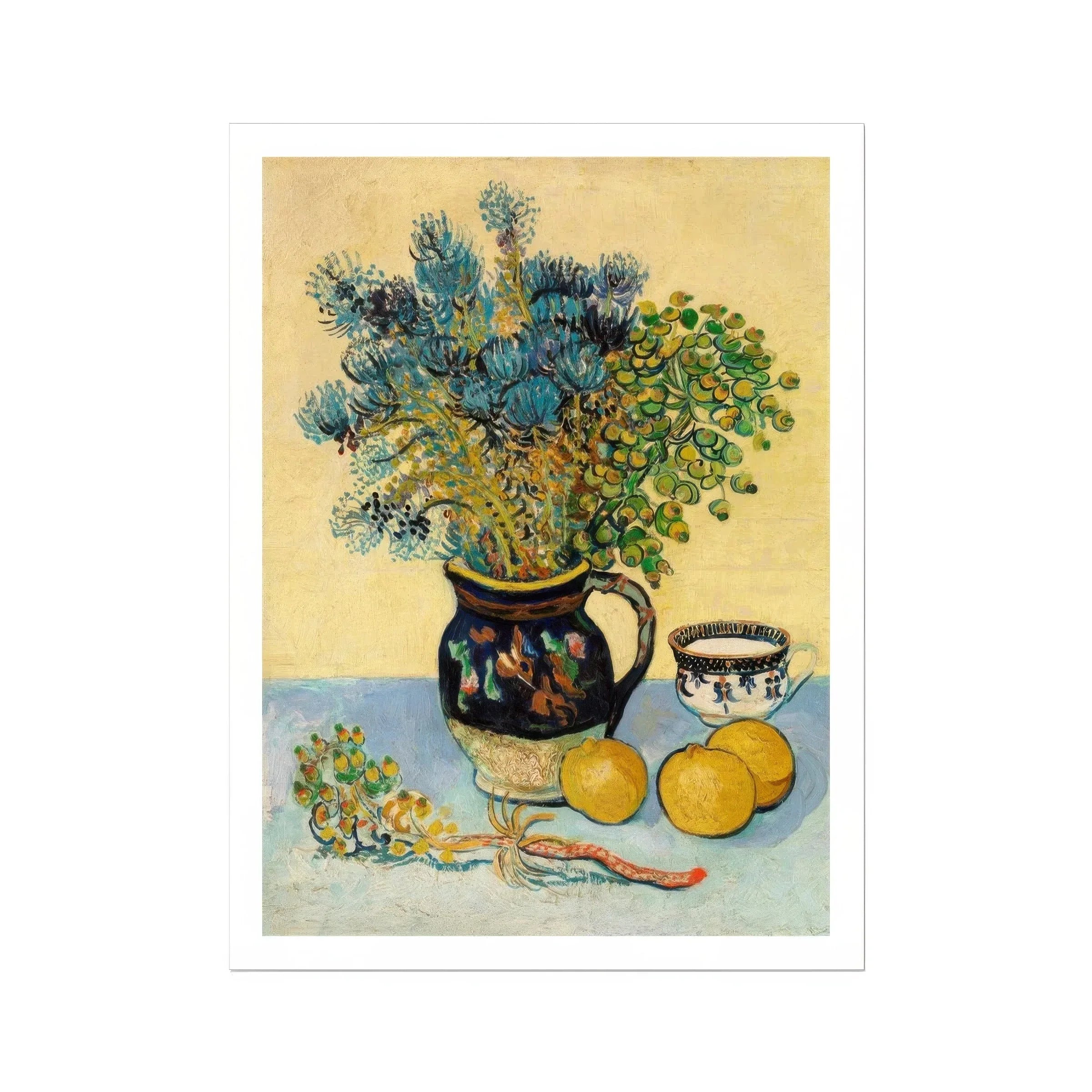 Still Life Vincent Van Gogh Post Impressionism Art Print, Decorative Vase Filled Blue Yellow Flowers Sits Alongside
