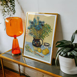 Still Life - Vincent Van Gogh Post-impressionism Art Print, Framed Life Painting Blue Flowers Vase Citrus Fruits