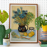Still Life - Vincent Van Gogh Post-impressionism Art Print, Framed Painting Floral Life Vase Fruits Teacup