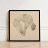Framed Charcoal Sketch Nude Figure Arched Downward Pose Reijer Stolk, Stooping Naked Man, Bare Male Body, Spine Pitched Steeply, Forward,