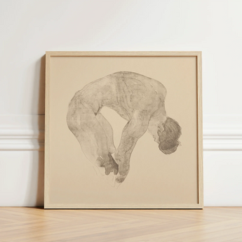 Minimalist Graphite Sketch Figure Arched Downward Pose Framed Reijer Stolk, Stooping Naked Man, Bare Male Body, Spine Pitched Steeply,