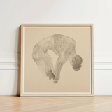 Minimalist Beige-framed Artwork Delicate Graphite Sketch Human Figure Reijer Stolk, Stooping Naked Man, Bare Male Body, Spine Pitched