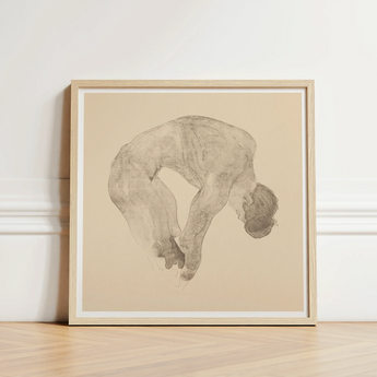 Minimalist Beige-framed Artwork Delicate Graphite Sketch Human Figure Reijer Stolk, Stooping Naked Man, Bare Male Body, Spine Pitched