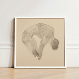 Minimalist White-framed Artwork Delicate Monochromatic Sketch Human Figure Reijer Stolk, Stooping Naked Man, Bare Male Body, Spine Pitched