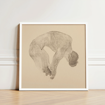 Minimalist White-framed Artwork Delicate Monochromatic Sketch Human Figure Reijer Stolk, Stooping Naked Man, Bare Male Body, Spine Pitched