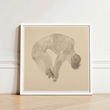 Minimalist White-framed Artwork Delicate Monochromatic Sketch Human Figure Reijer Stolk, Stooping Naked Man, Bare Male Body, Spine Pitched