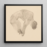 Stooping Naked Man - Reijer Stolk Art Print / Canvas Black-framed Artwork Delicate Sepia-toned Sketch Human Figure Arched, Bare Male Body,