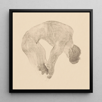 Stooping Naked Man - Reijer Stolk Art Print / Canvas Black-framed Artwork Delicate Sepia-toned Sketch Human Figure Arched, Bare Male Body,