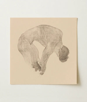 Delicate Graphite Sketch Beige Paper Depicts Figure Arched Reijer Stolk, Stooping Naked Man, Bare Male Body, Spine Pitched Steeply,