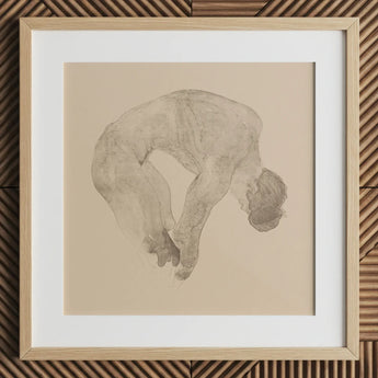 Stooping Naked Man - Reijer Stolk Art Print / Canvas Delicate Graphite Sketch Nude Figure Arched Contemplative Pose, Bare Male Body, Spine