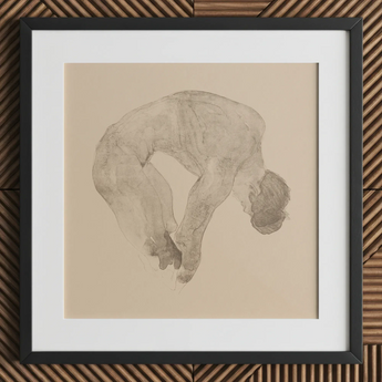 Stooping Naked Man - Reijer Stolk Art Print / Canvas Framed Graphite Sketch Nude Figure Arched Downward Pose, Bare Male Body, Spine Pitched