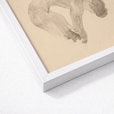 Minimalist White Frame Delicate Sepia-toned Sketch Figure Reijer Stolk, Stooping Naked Man, Bare Male Body, Spine Pitched Steeply, Forward,