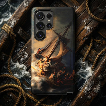 Storm on the Sea of Galilee - Rembrandt Phone Case Black Phone Case Detailed Classical Painting Stormy Sea Galilee Erupts, Storm-soaked