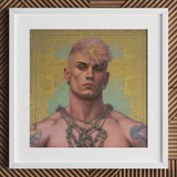 Strapping Young Lad art print, framed, queercore gay thug, gold matboard.