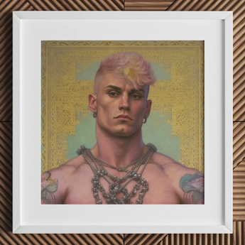 Strapping Young Lad art print, framed, queercore gay thug, gold matboard.