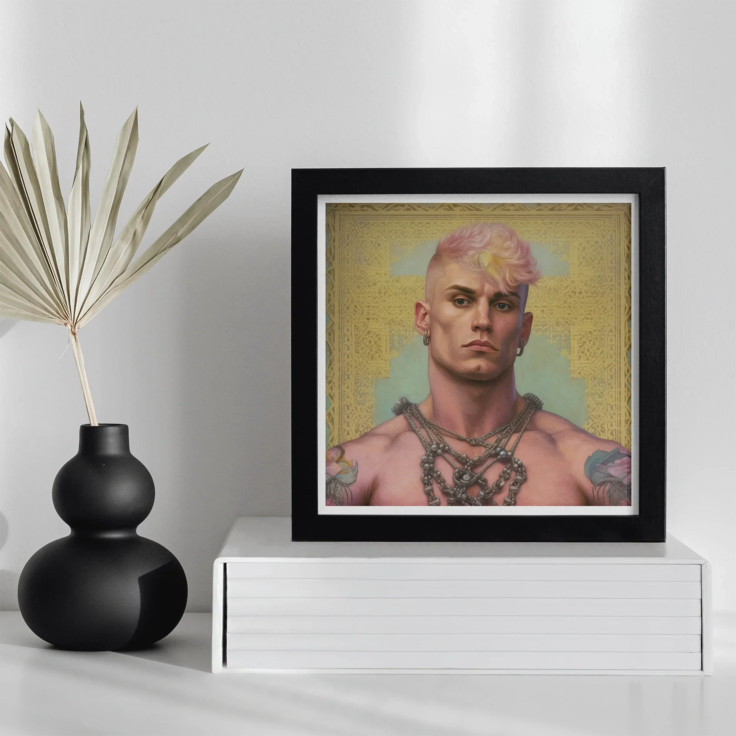 Strapping Young Lad - Queercore Gay Thug Art Print, Framed Portrait Bald Person Tattoos Jewelry Golden Background