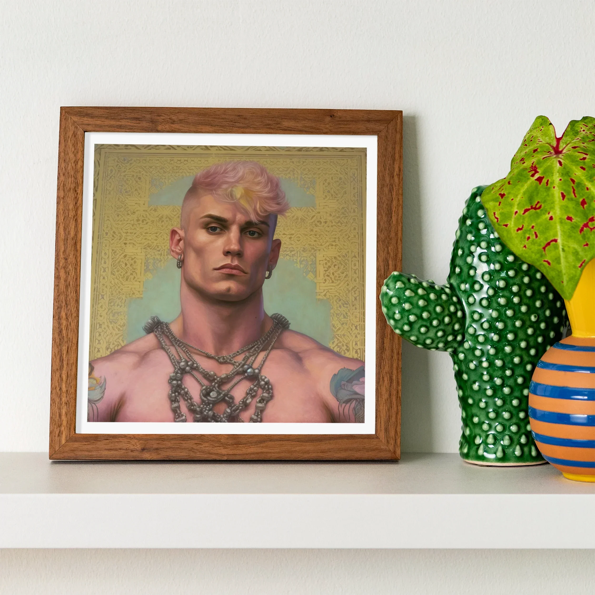 Strapping Young Lad Queercore Gay Thug Art Print, Framed Portrait Muscular Person Pink Hair Tattoos Multiple