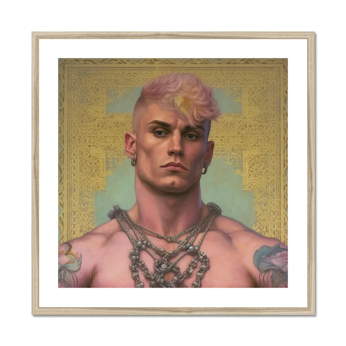 Strapping Young Lad Queercore Gay Thug Art Print, Portrait Muscular Figure Pink Hair Chain Necklaces Tattoos