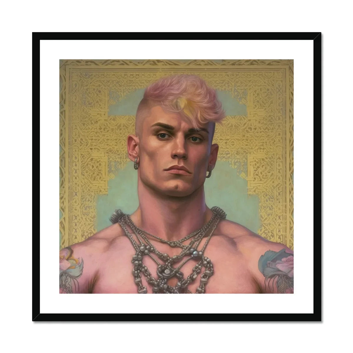 Strapping Young Lad Queercore Gay Thug Art Print, Portrait Muscular Person Pink Hair Chain Necklaces Tattoos