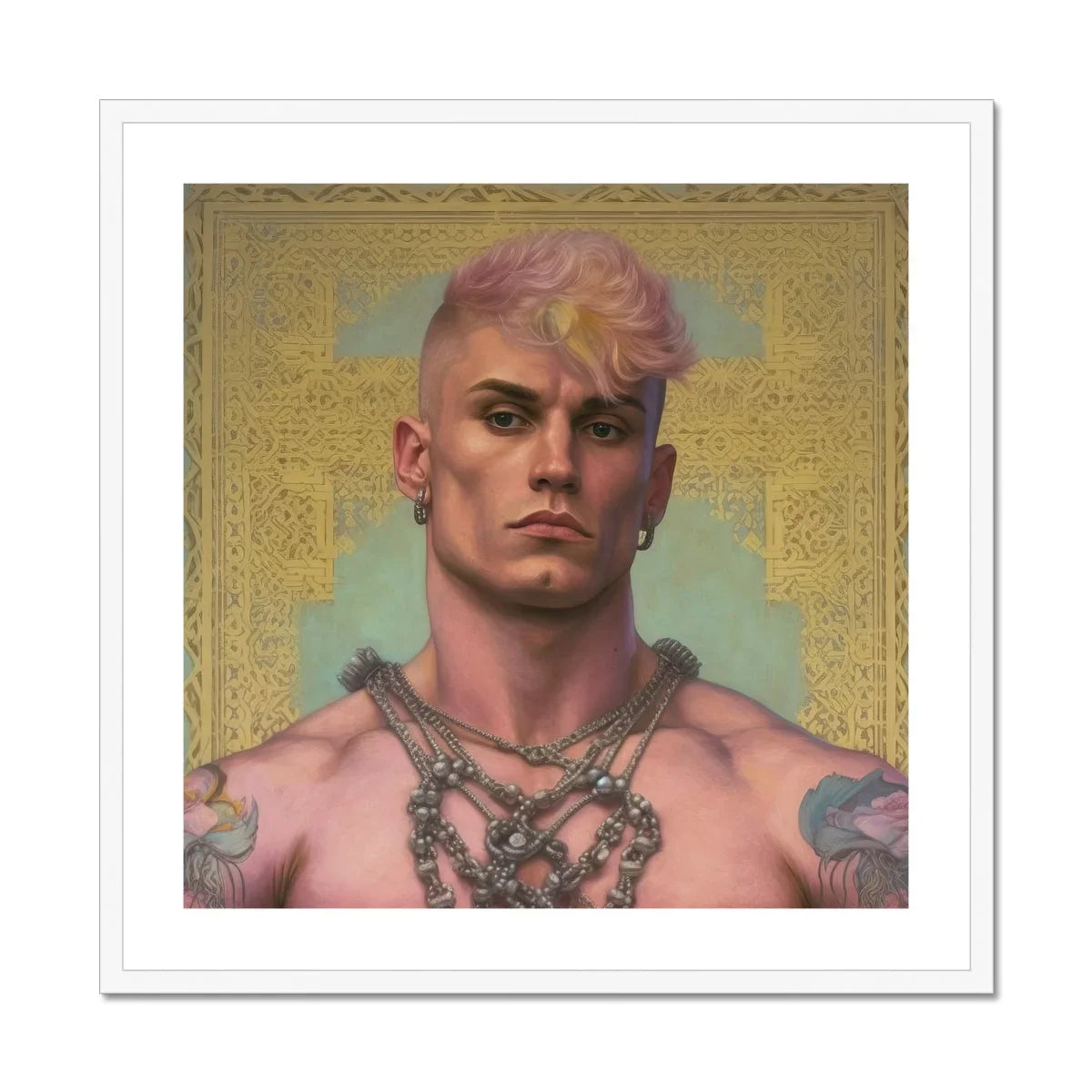 Strapping Young Lad Queercore Gay Thug Art Print, Portrait Person Pink Hair Metal Chain Accessories Visible