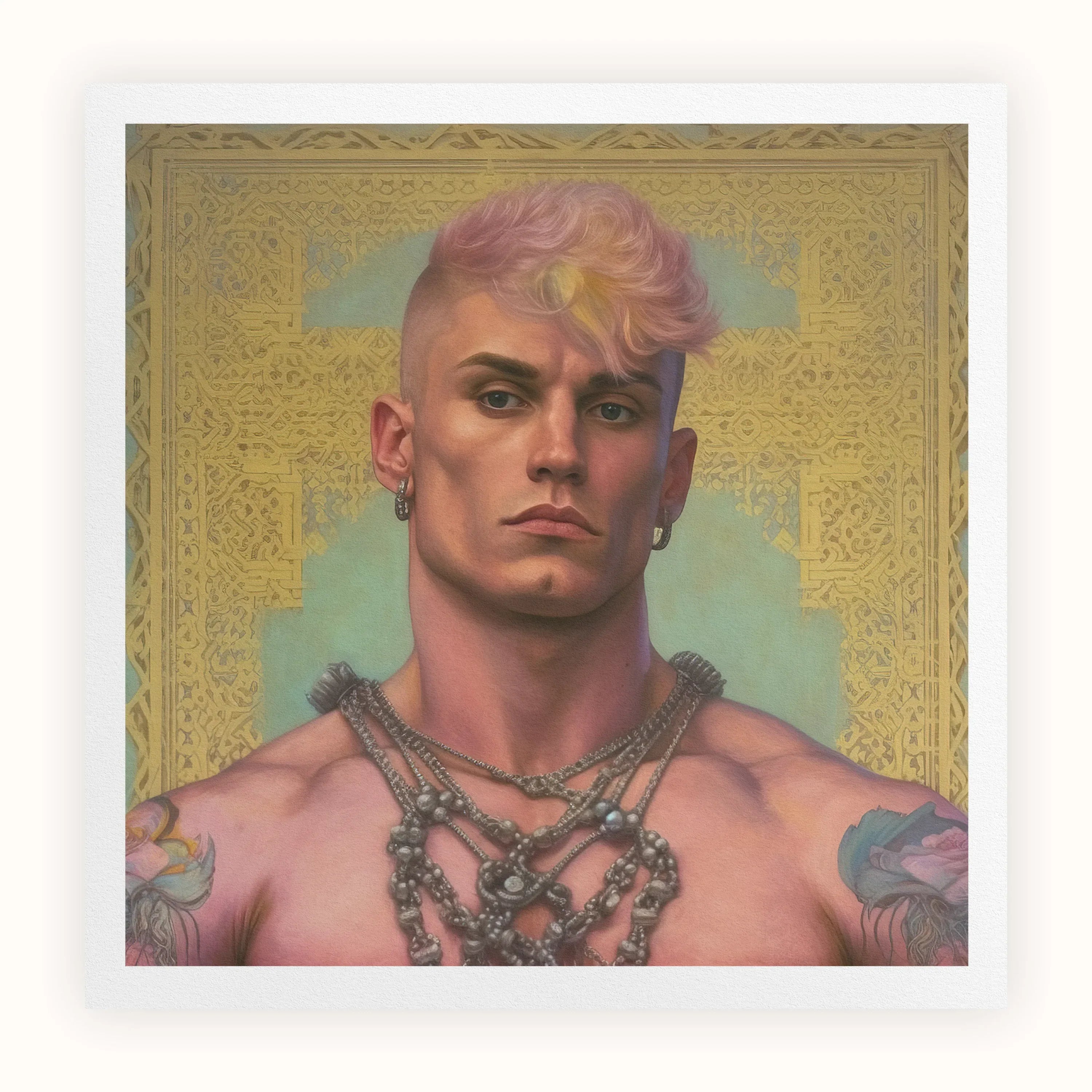 Strapping Young Lad Queercore Gay Thug Art Print, Portrait Person Pink Hair Tattoos Ornate Necklaces Intricate