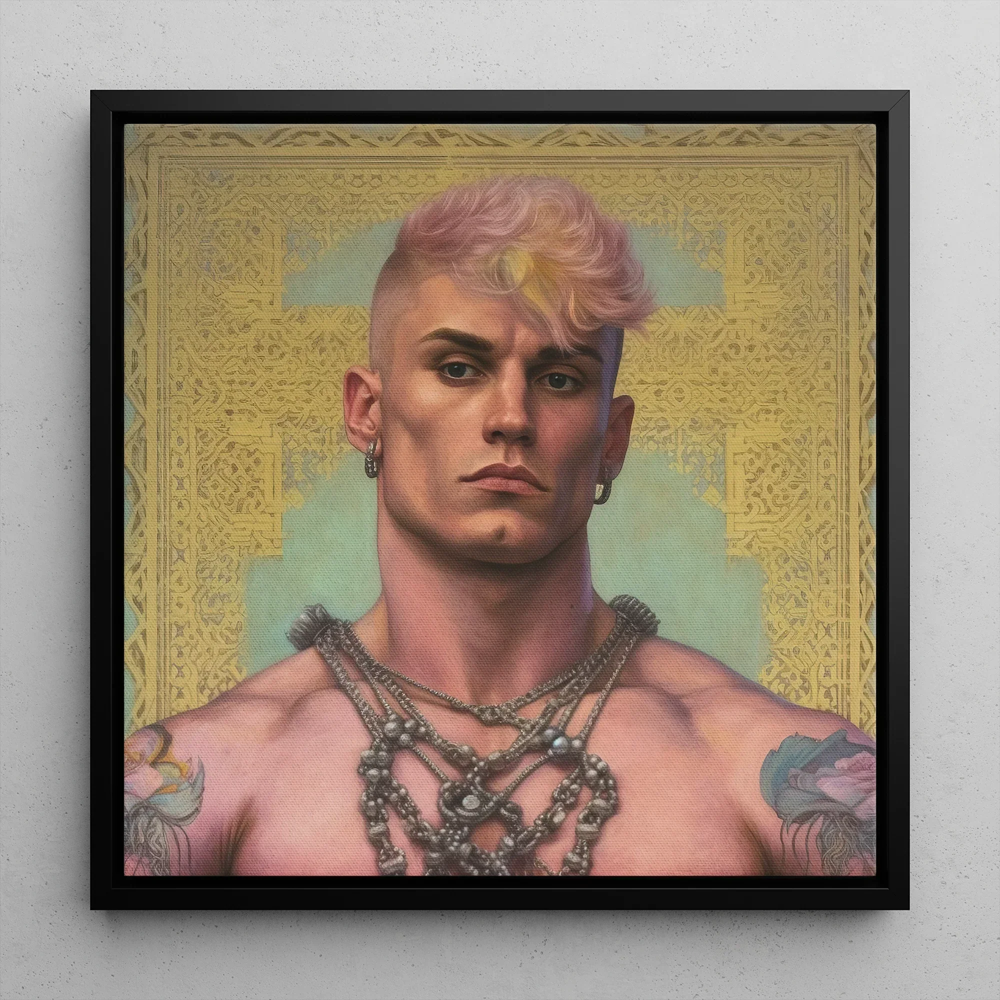 Strapping Young Lad - Queercore Gay Thug Framed Canvas, Framed Portrait Muscular Man Pink Hair Tattoos