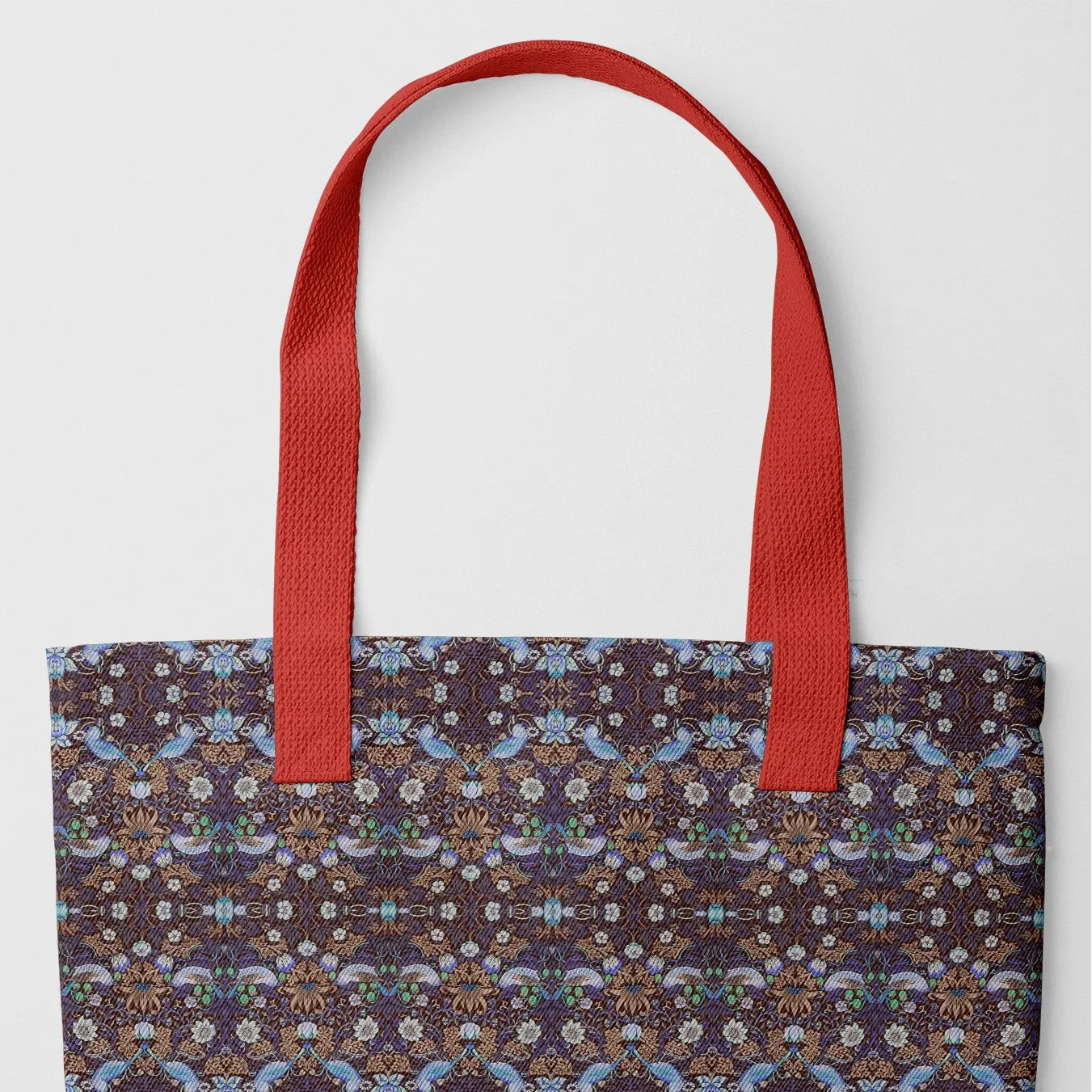 Strawberry Thief Too x 2 Tote - Heavy Duty Reusable Grocery Bag - Red Handles - Shopping Totes - Aesthetic Art