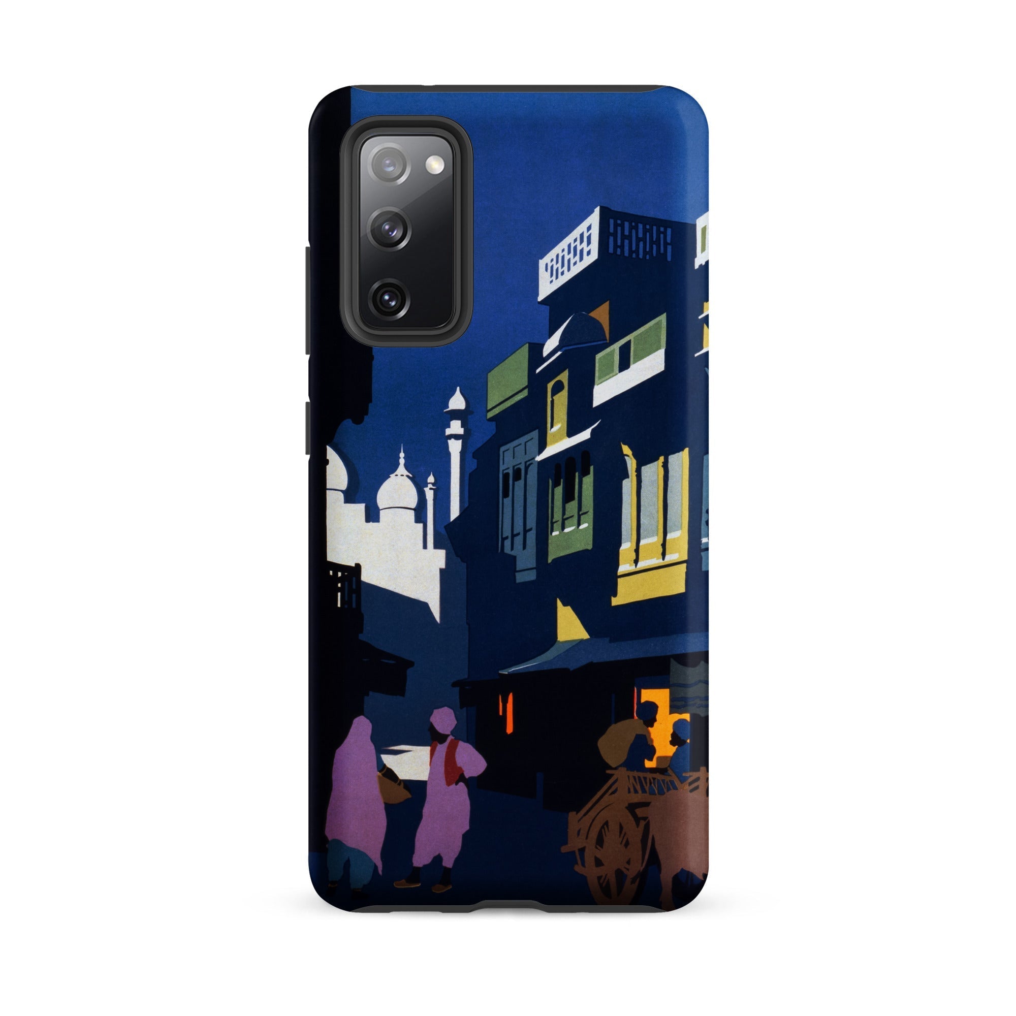 Street by Moonlight India Travel Poster Samsung Case, Galaxy S20 Fe / Matte, Smartphone Case Stylized Nighttime Street Scene Buildings