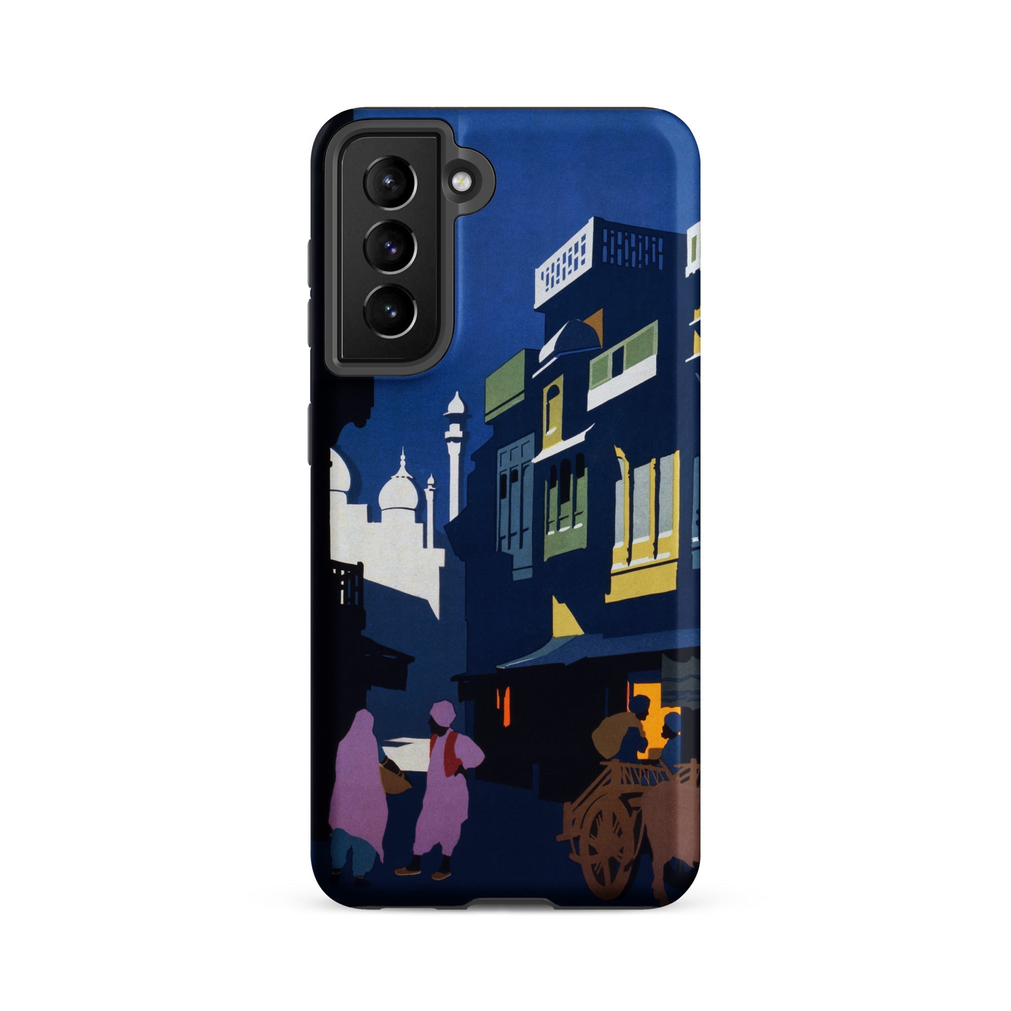 Street by Moonlight India Travel Poster Samsung Case, Galaxy S21 Fe / Matte, Smartphone Case Colorful Stylized Street Scene Design Buildings