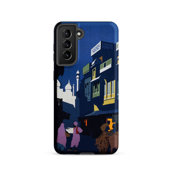 Street by Moonlight - India Travel Poster Samsung Case, Galaxy S21 / Matte, Dark Blue Phone Case Intricate Colorful Illustration Street