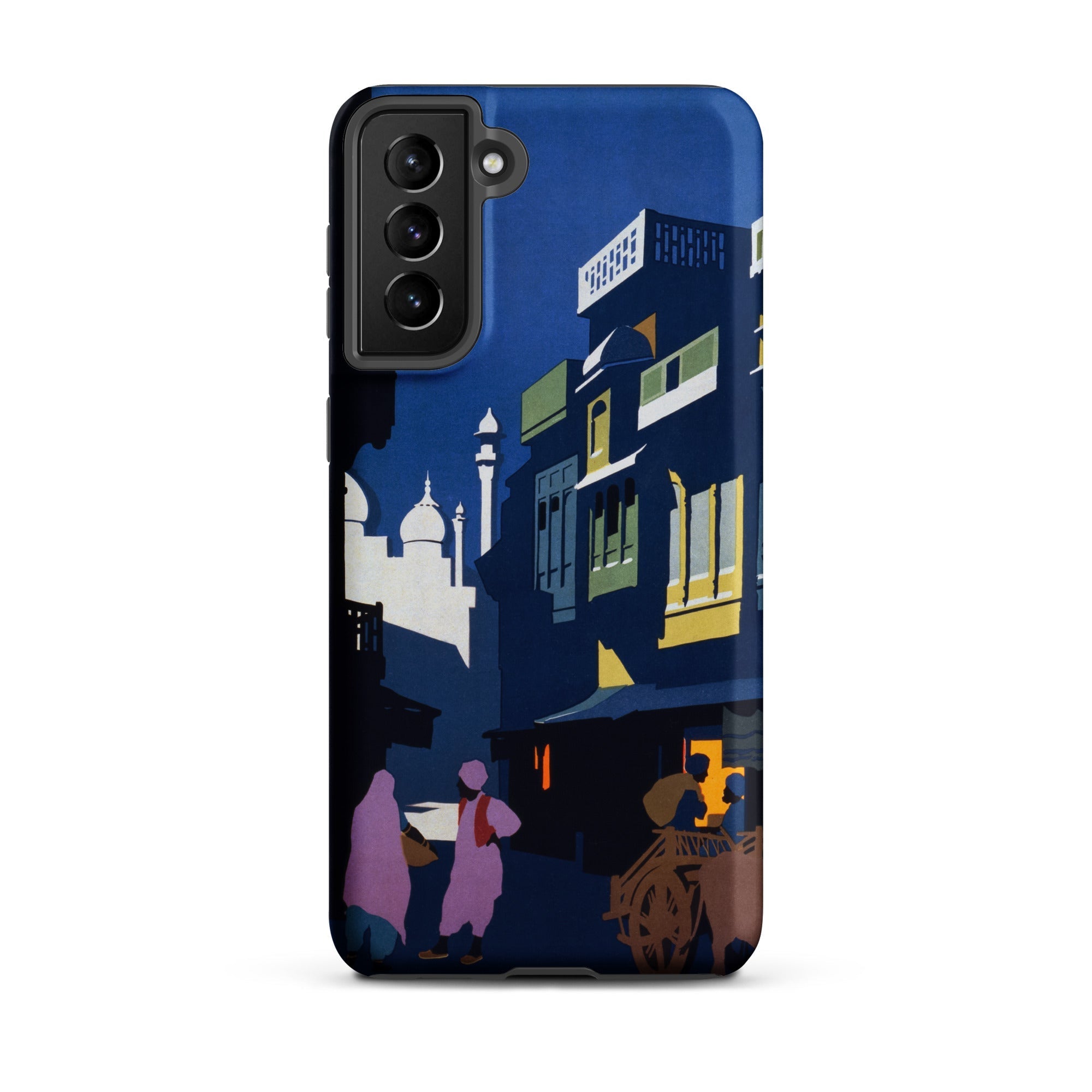 Street by Moonlight India Travel Poster Samsung Case, Galaxy S21 Plus / Matte, Smartphone Dark Blue Case Stylized Illustration Street Scene