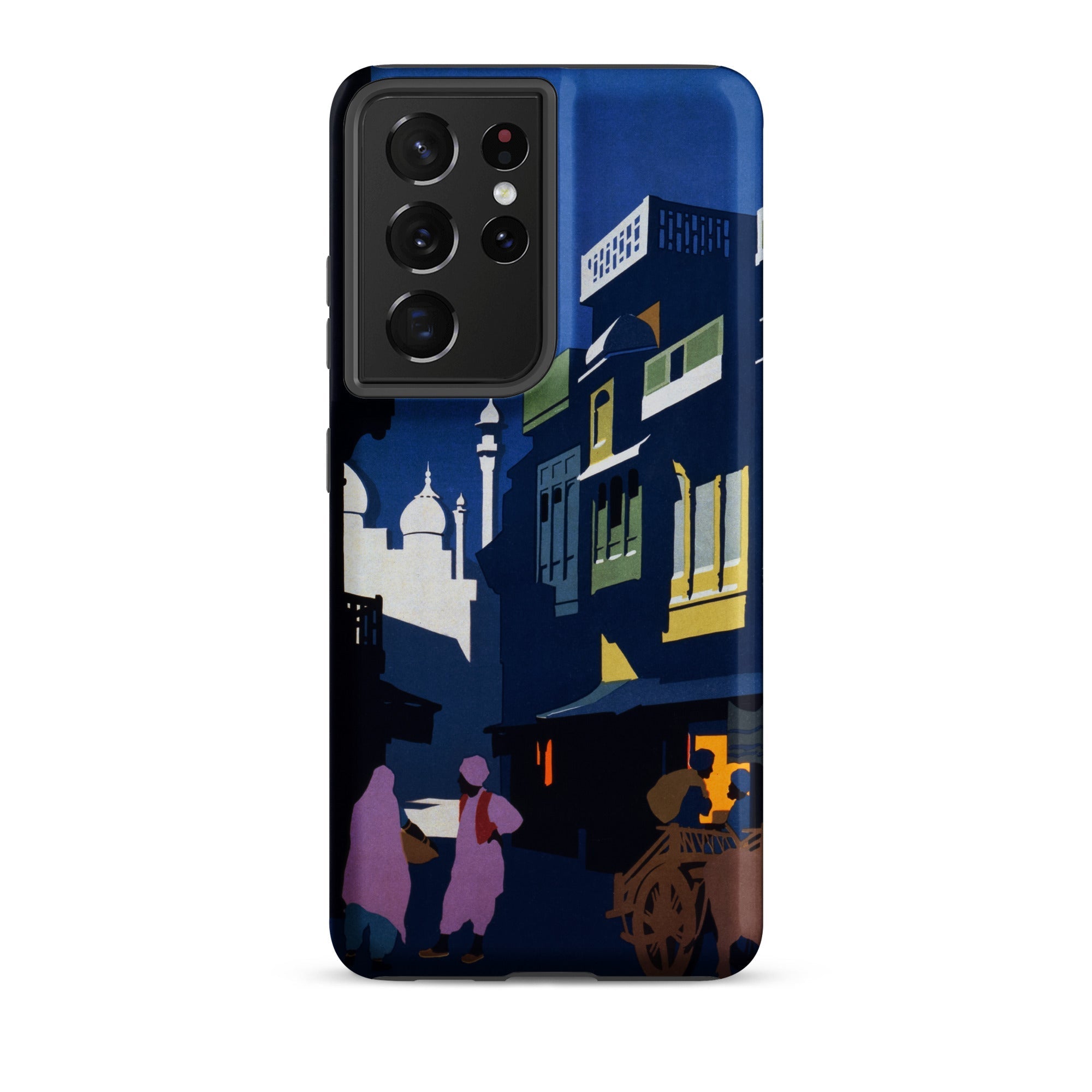 Street by Moonlight India Travel Poster Samsung Case, Galaxy S21 Ultra / Matte, Phone Case Stylized Night Scene Buildings Figures