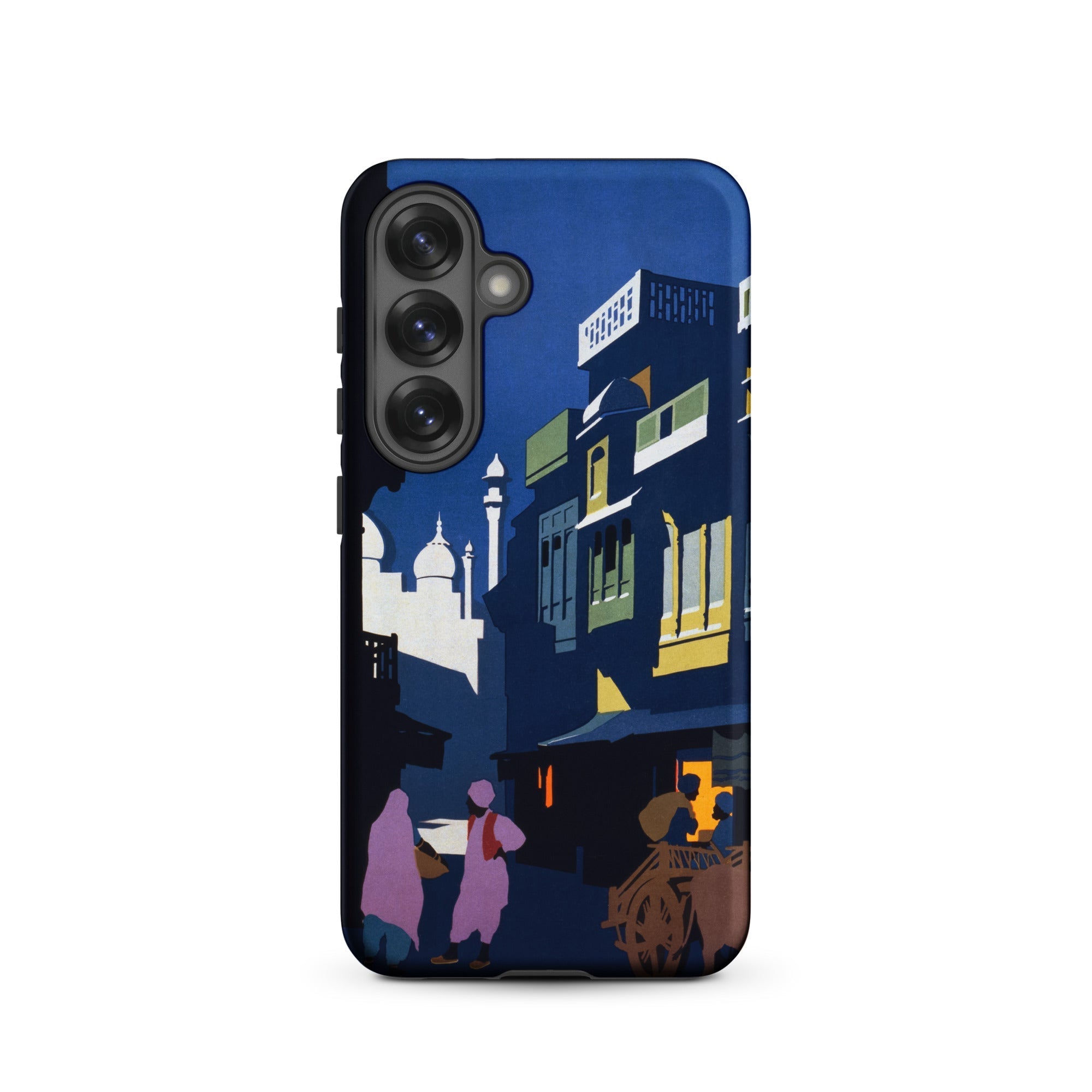 Street by Moonlight India Travel Poster Samsung Case, Galaxy S25 / Matte, Smartphone Dark Blue Case Illustrated Street Scene