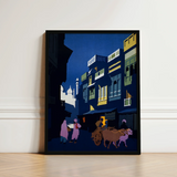 Black-framed Art Print Stylized Nighttime Street Scene Buildings Visit India 1920s, Indian Evening Exhales, Cobalt Moon