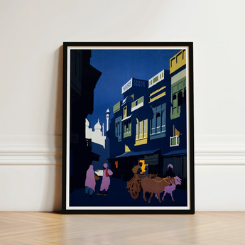 Framed Art Print Stylized Nighttime Street Scene Buildings Visit India 1920s, Indian Evening Exhales, Cobalt Moon