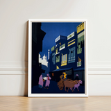 Framed Art Print Stylized Nighttime Street Scene Buildings Visit India 1920s, Indian Evening Exhales, Cobalt Moon